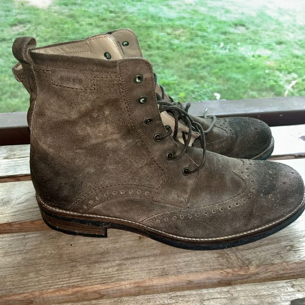 ECCO Wingtip Service Boots Mens 12 EU 45 Brown Suede Lace Up
